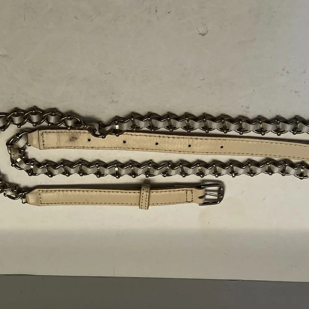 Vtg ANN TAYLOR 90s white leather Belt narrow Silver chain & Ribbon Belt Vtg‎